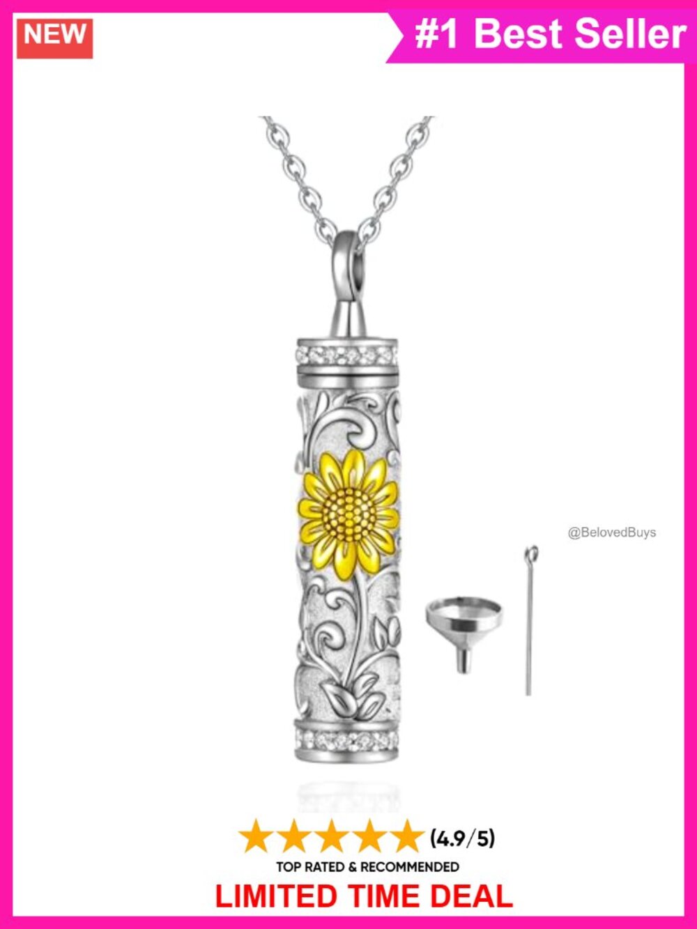 Sterling Silver Sunflower Cylinder Urn Necklace Memorial Keepsake